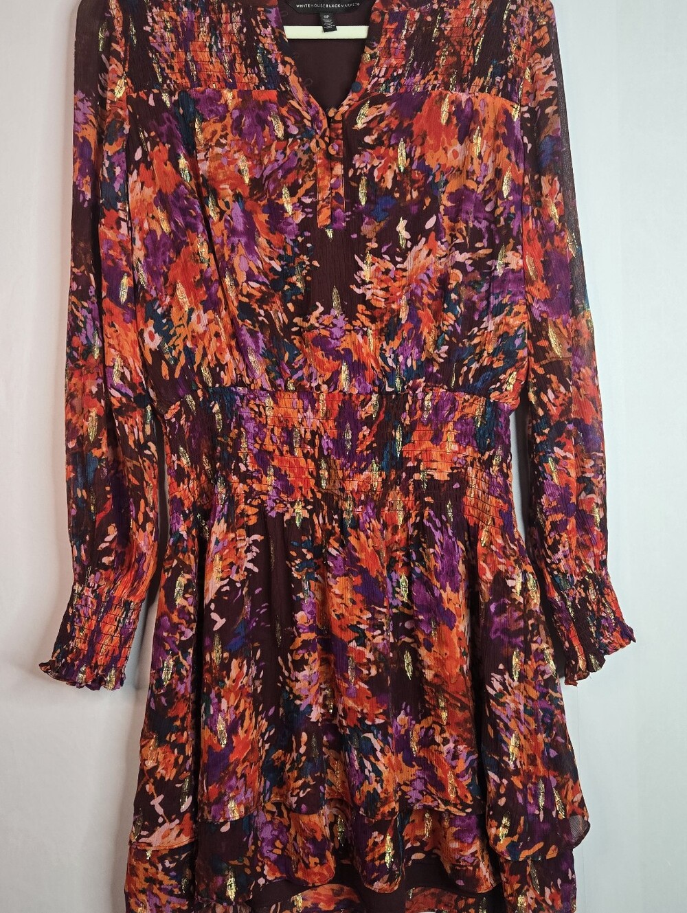 WHBM Size SP Vibrant Print L/sleeve Dress With Smocking & Metallic Accents